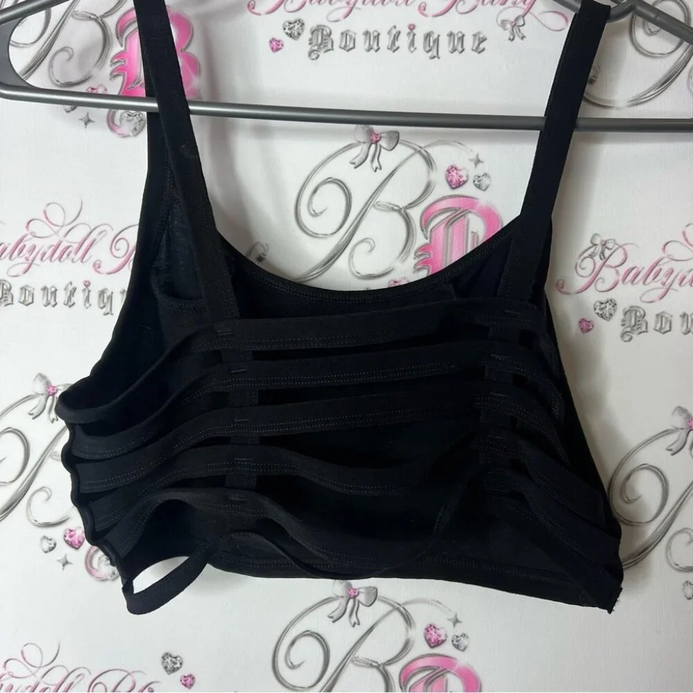 Open back crop top strappy Black top open straps in back stretchy bra style - Picture 2 of 4